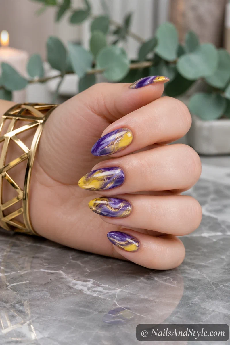 Yellow and blueberry marble swirl nails with unique patterns on each nail on medium almond nails