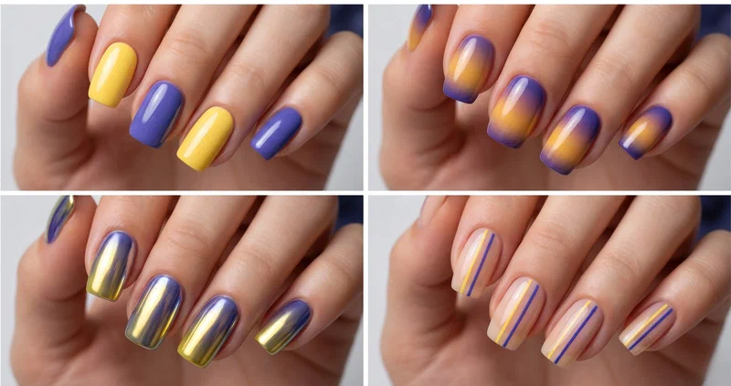 Collage of four yellow blueberry nail designs featuring color block, ombre, French tips, and chrome finishes