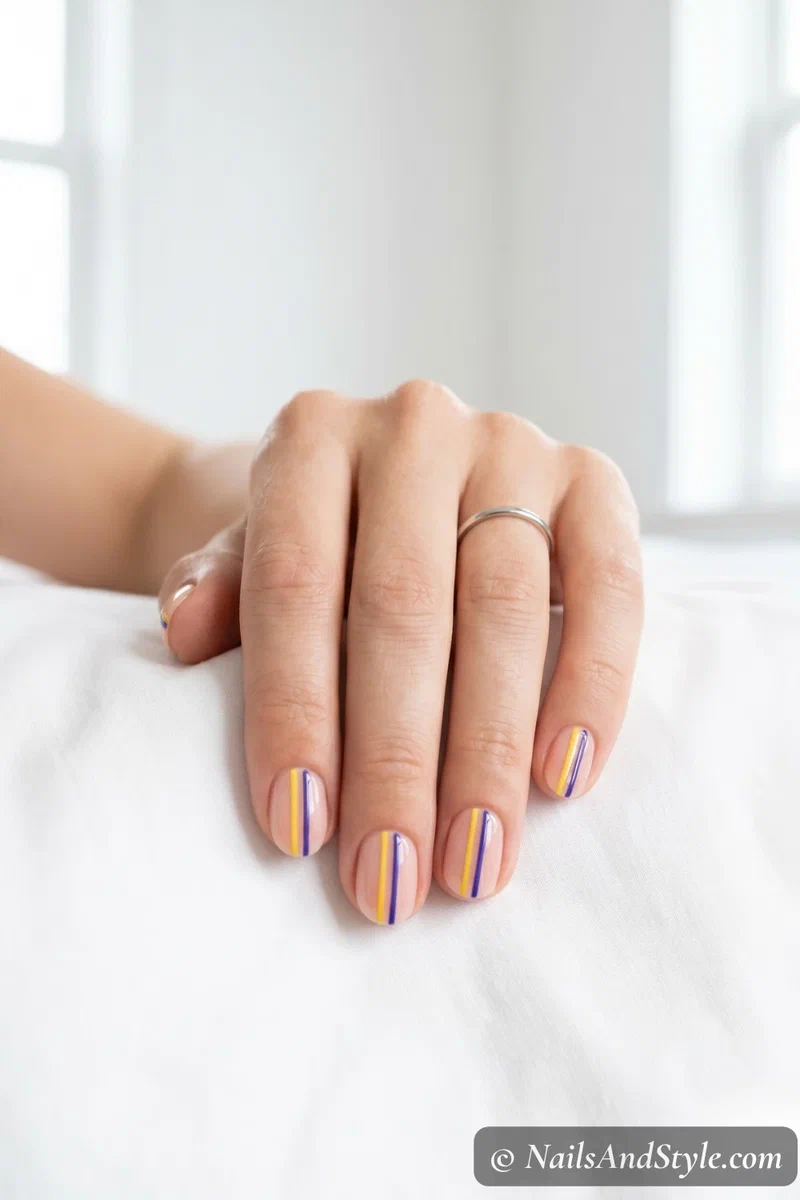 Minimalist yellow and blueberry parallel lines on sheer nude base nails on short round nails