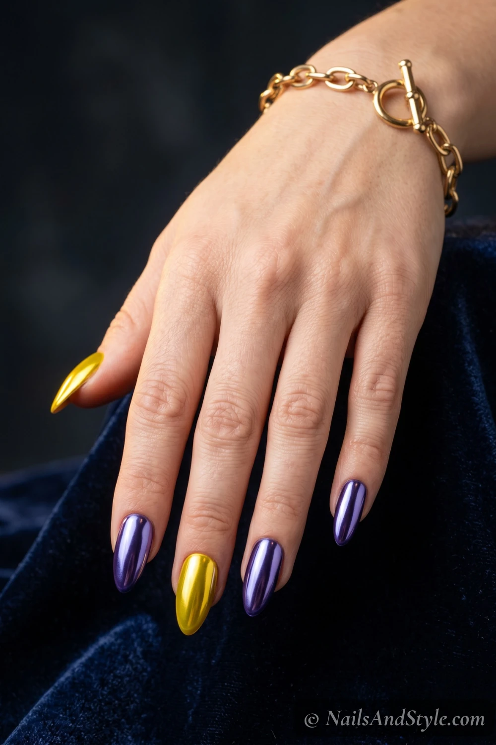 Yellow and blueberry chrome nails