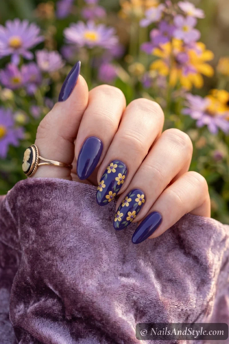 Deep blueberry nails with yellow floral accent nail art featuring five-petal flowers and green leaves
