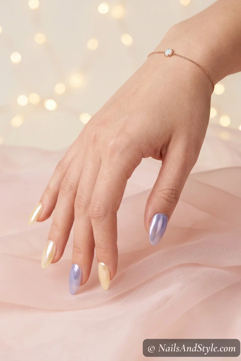 Yellow and blueberry glazed donut nails with pearlescent lit-from-within finish on medium almond nails