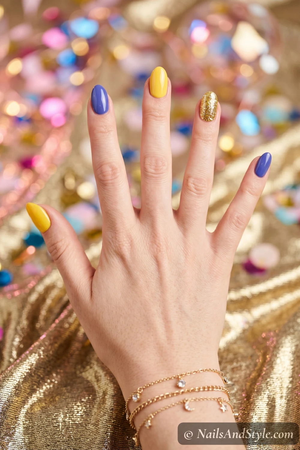 Yellow and blueberry nails with a glitter accent