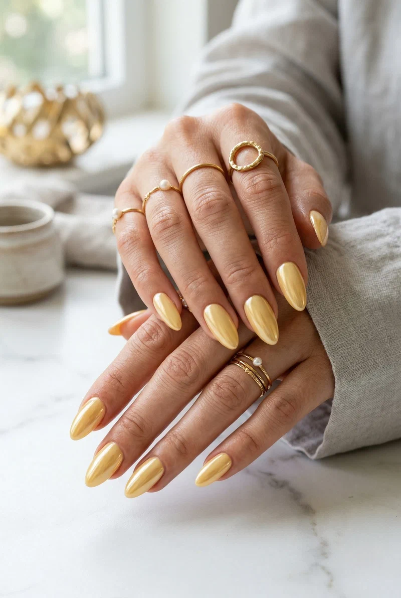 Butter yellow chrome nails with mirror-like finish on almond shaped nails