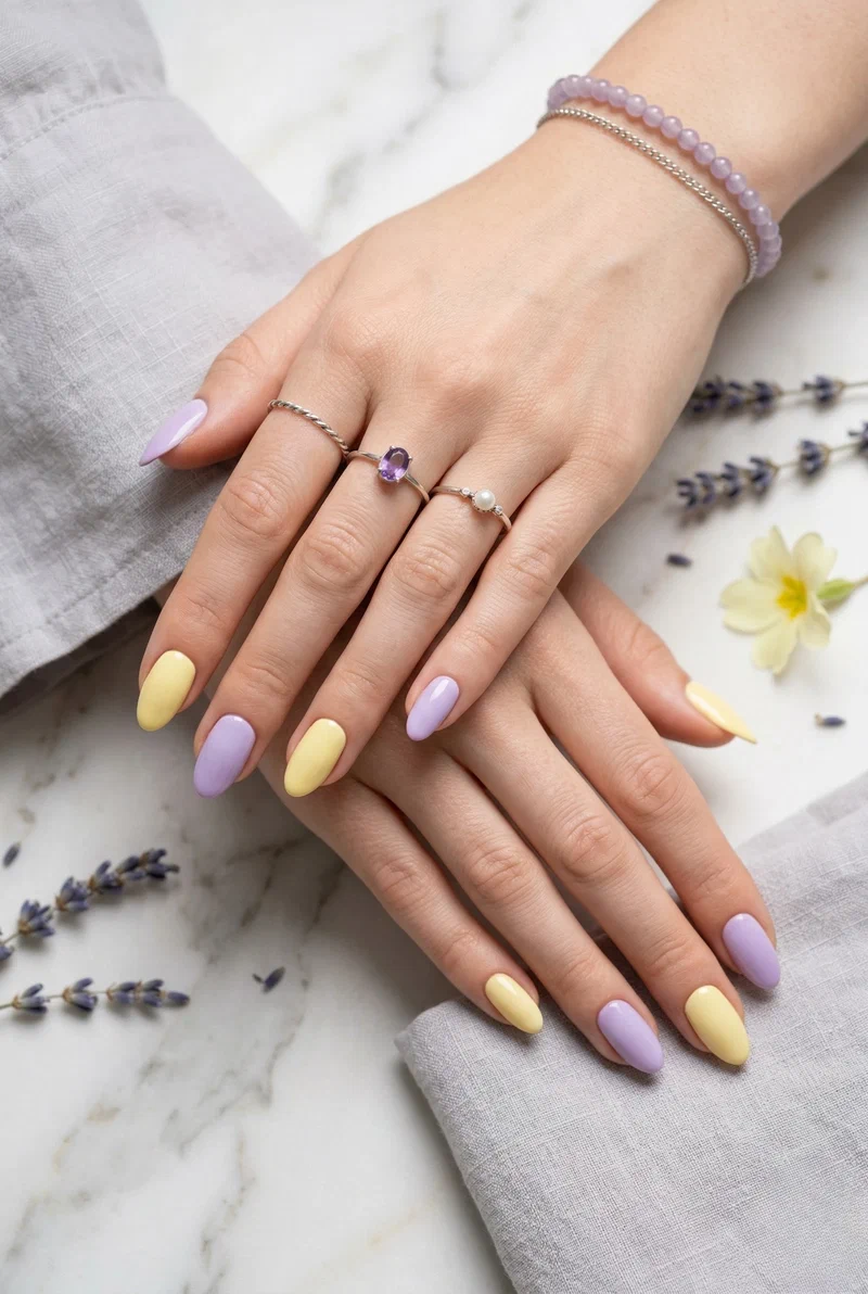 Alternating butter yellow and lavender pastel nails