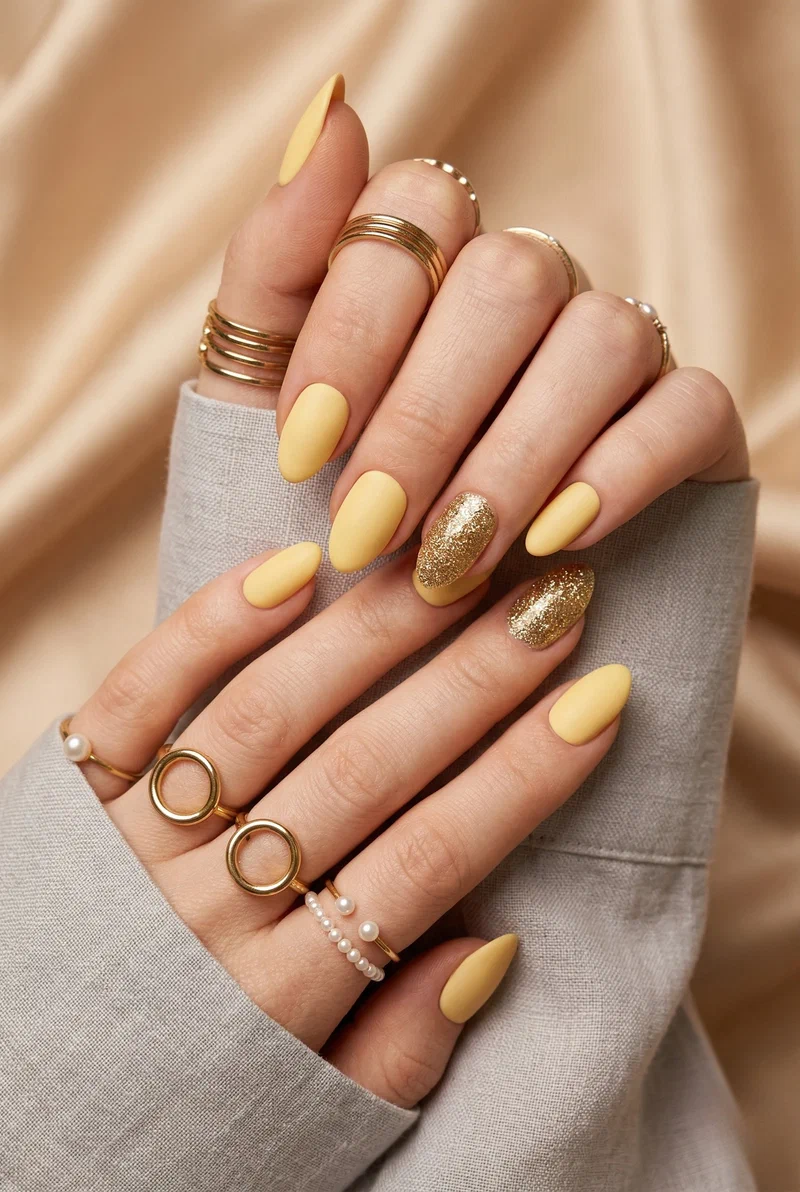 Creamy yellow nails with gold glitter accent nail
