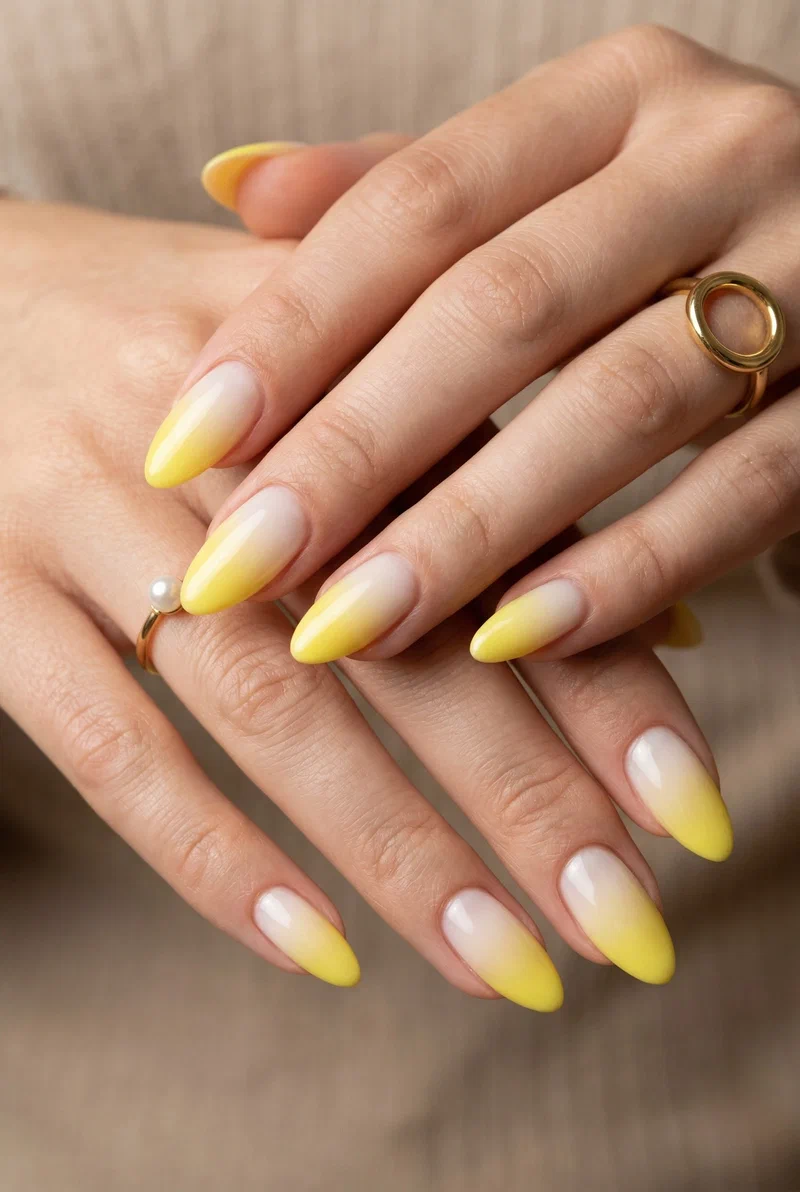 Lemon ombre gradient nails fading from white to bright yellow