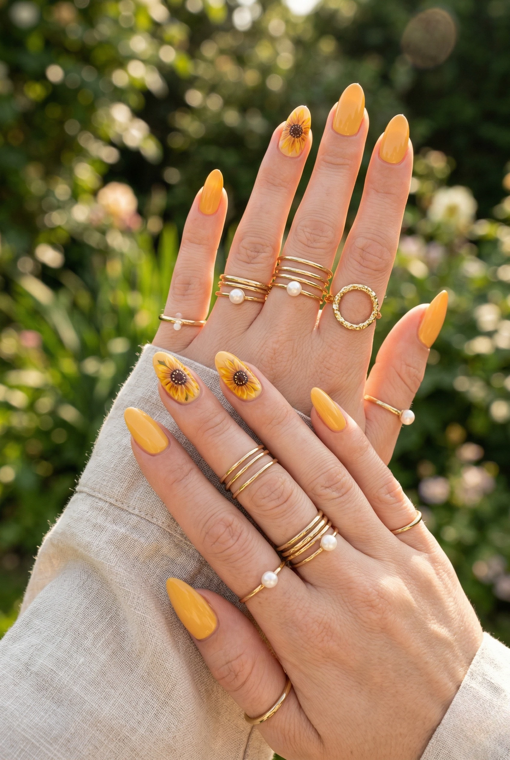 Yellow nails with a sunflower accent