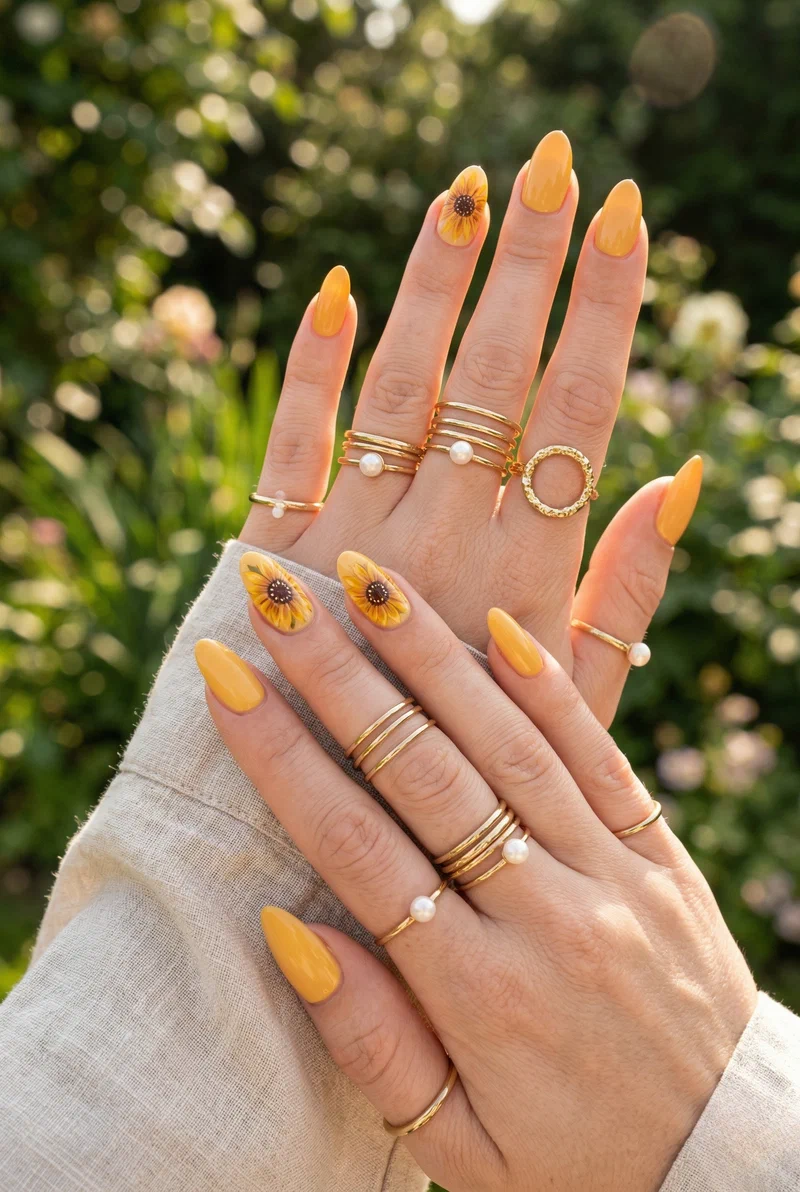 Yellow nails with hand-painted sunflower accent design
