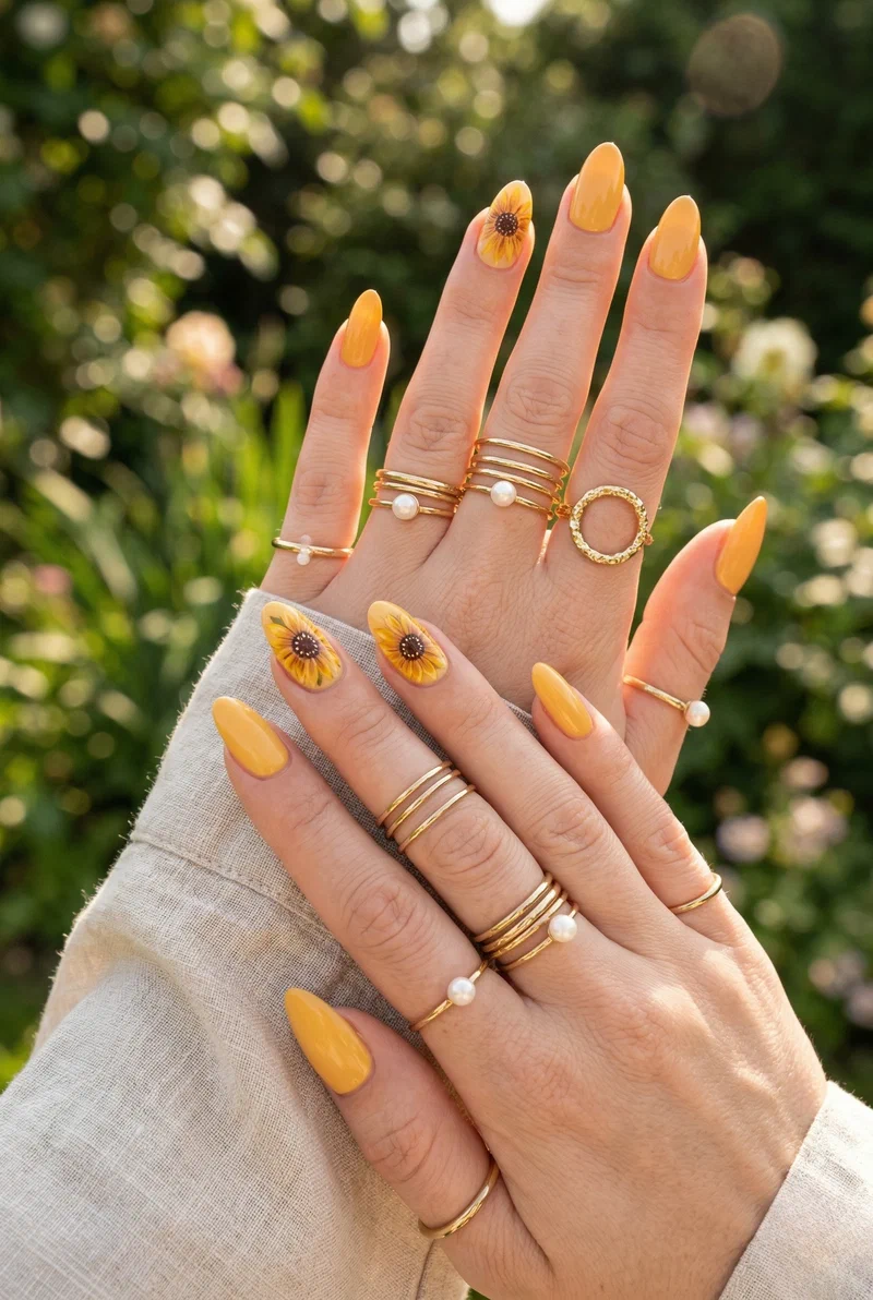 Yellow nails with hand-painted sunflower accent design