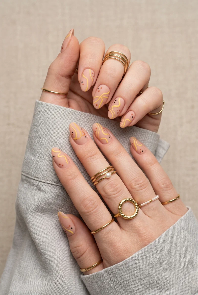 Abstract yellow line art on nude base nails