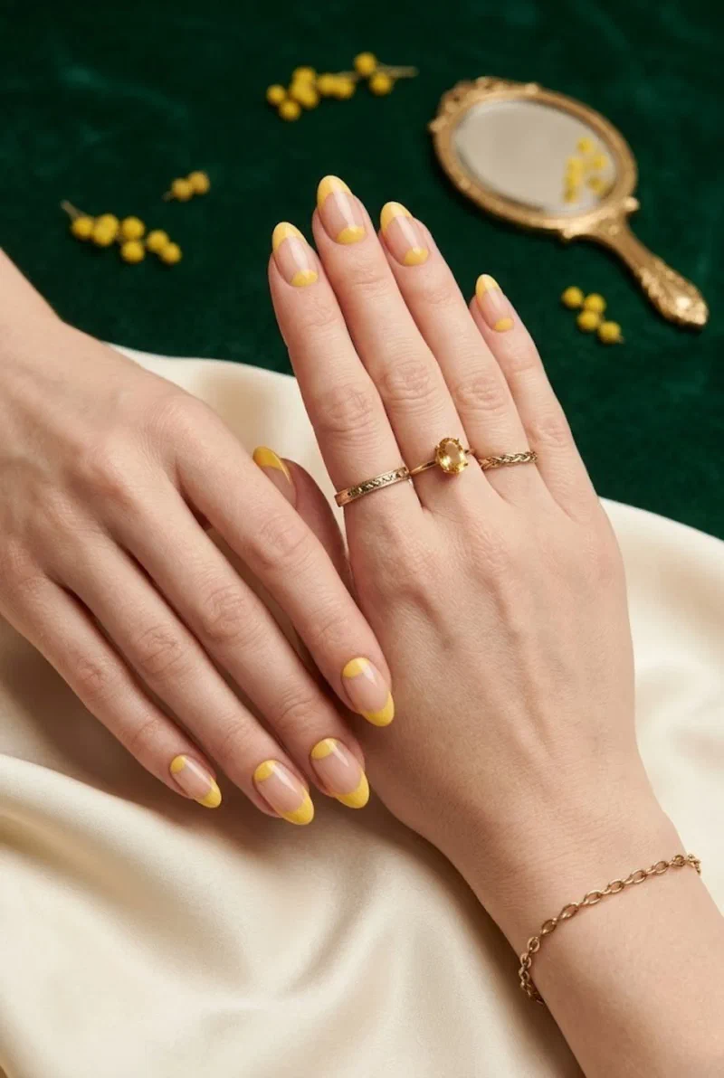 Yellow half-moon nail design with nude base on medium nails