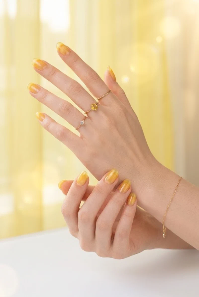 Sheer yellow jelly finish nails on rounded nail shape