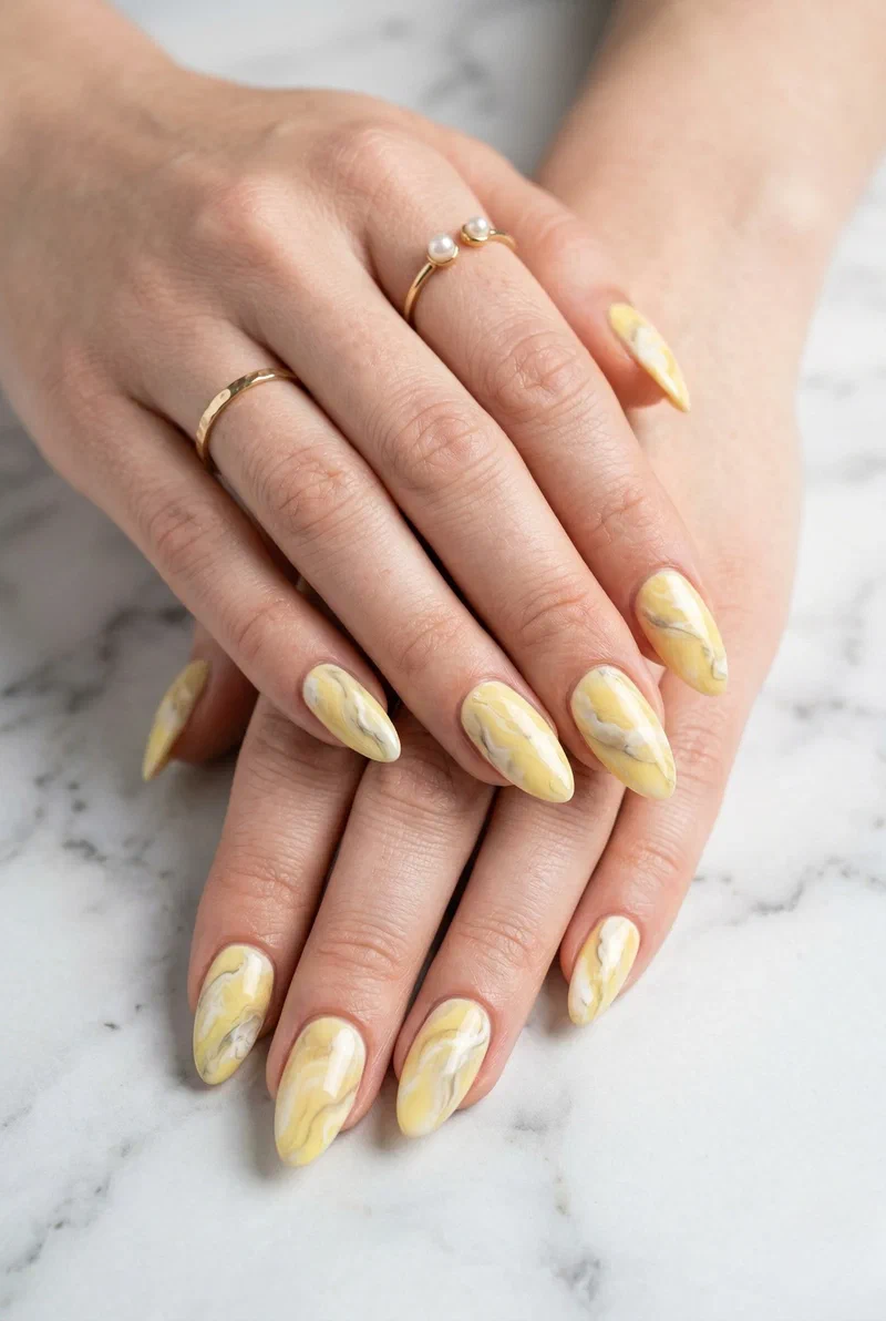 Yellow marble effect nails with white veining on medium length nails