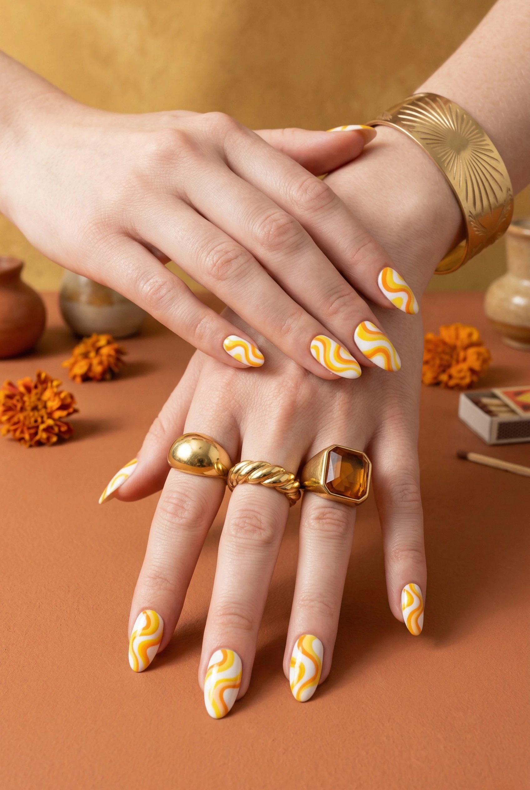 Yellow retro swirl nails