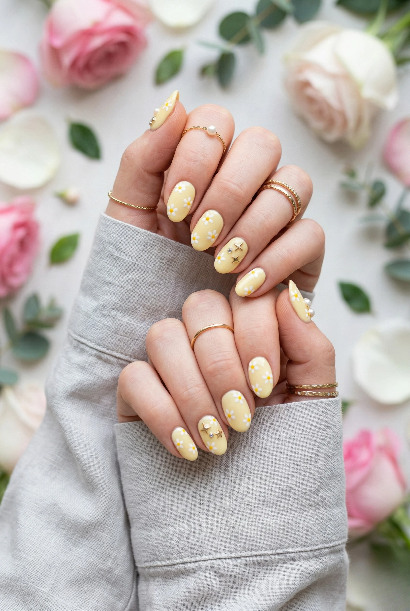 Pastel yellow nails with white daisies