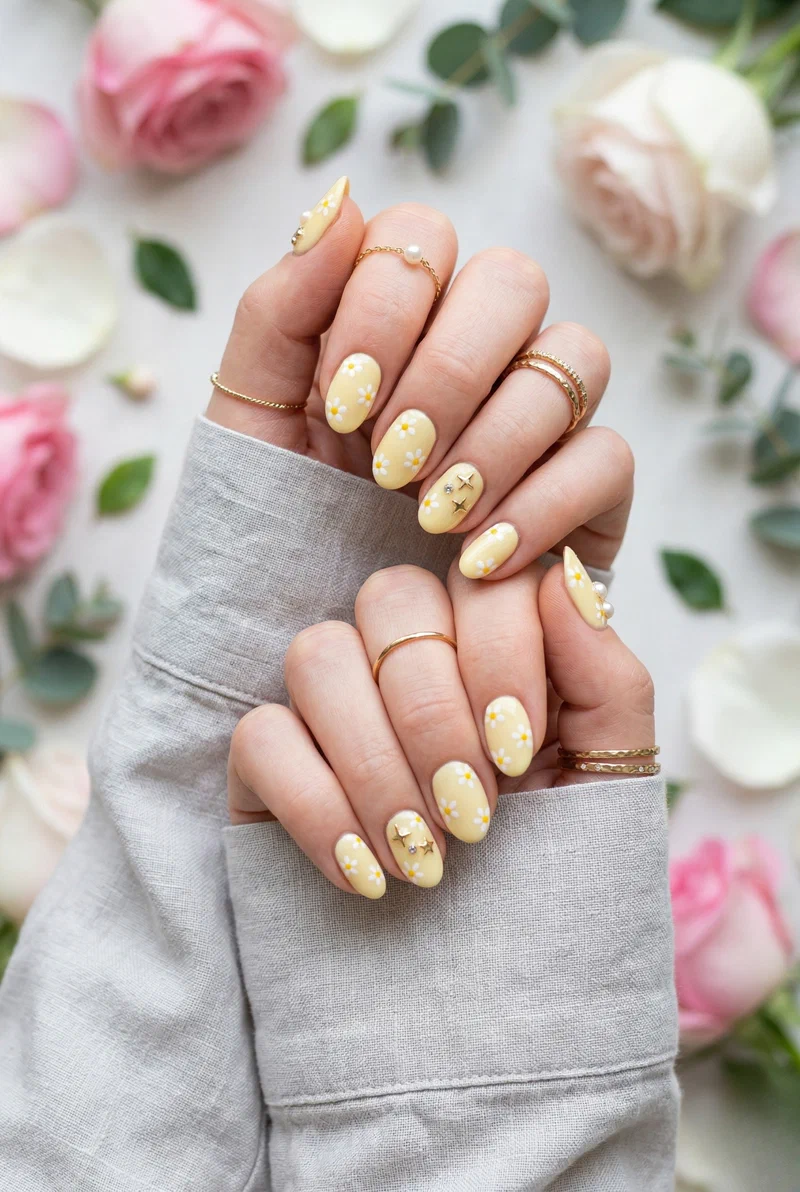Pastel yellow nails with small white daisy nail art